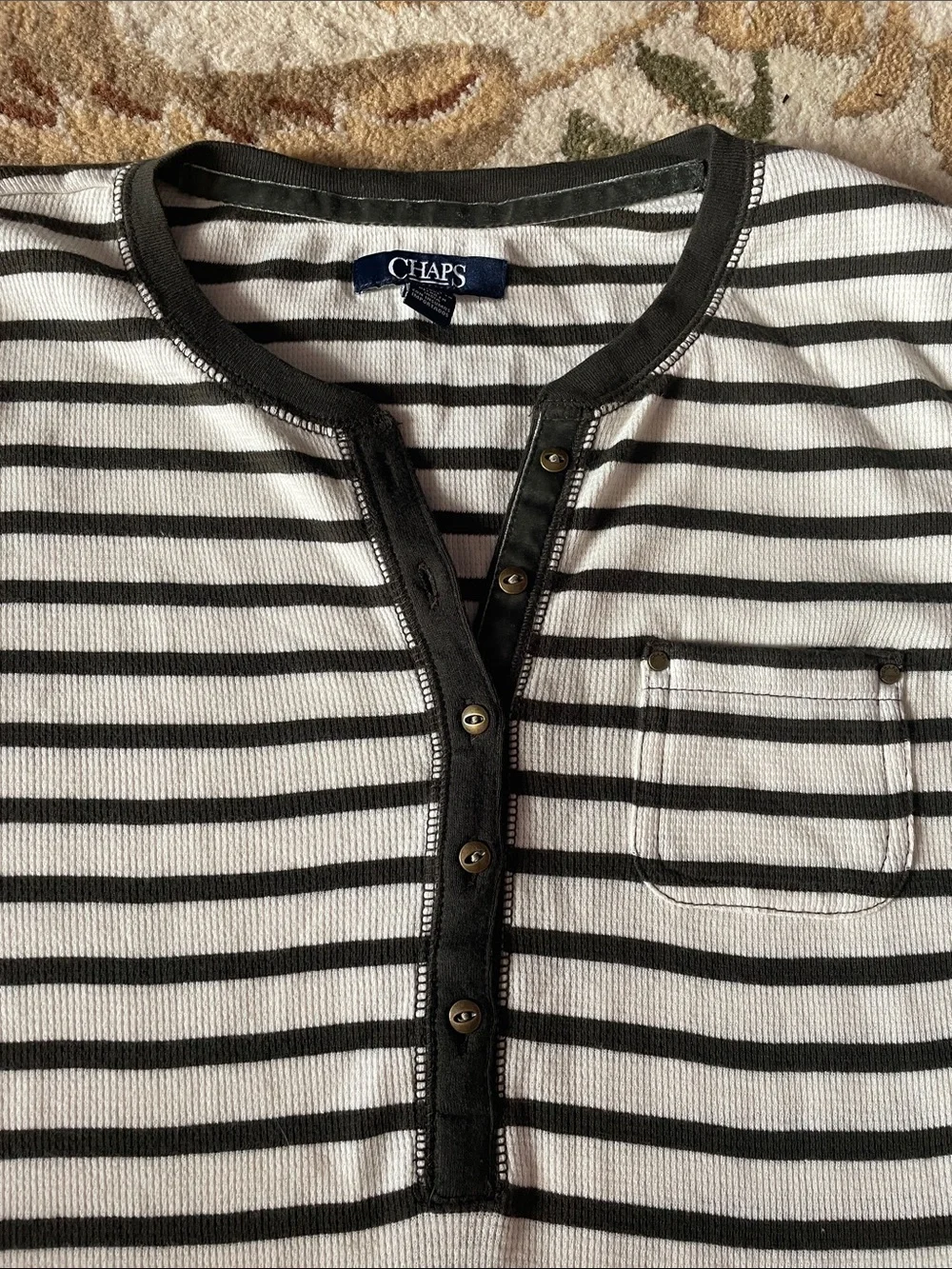 Chaps Women’s Long-Sleeve Striped Henley in Cream and Black
